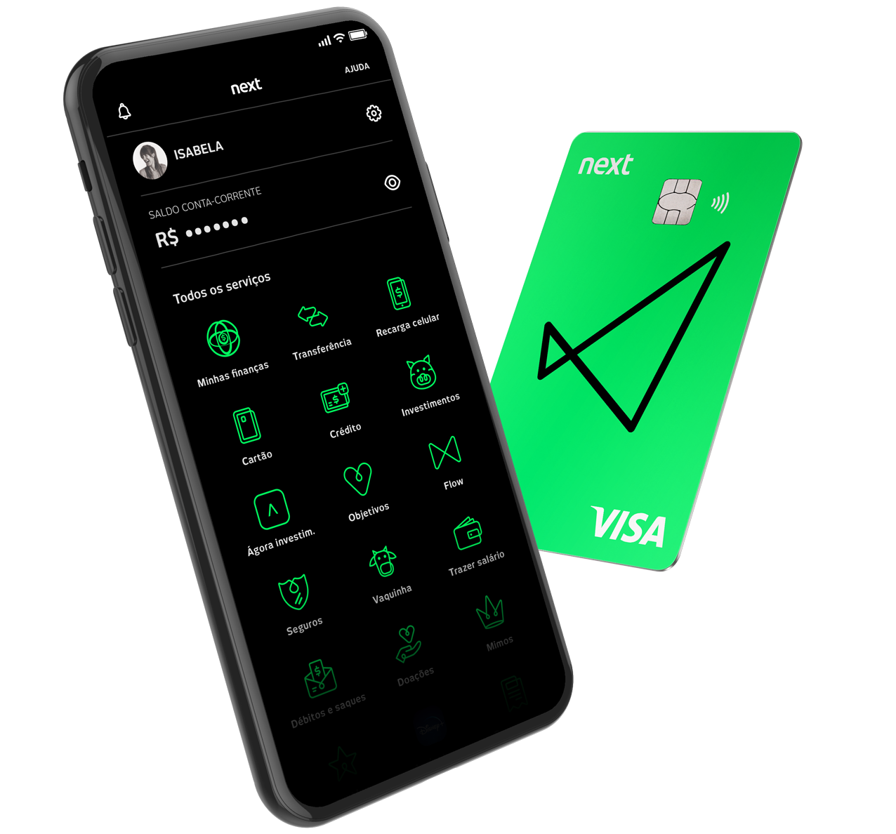 Vimos uma tela de celular com a home do app do next, e do seu lado direito o cartão verde next.